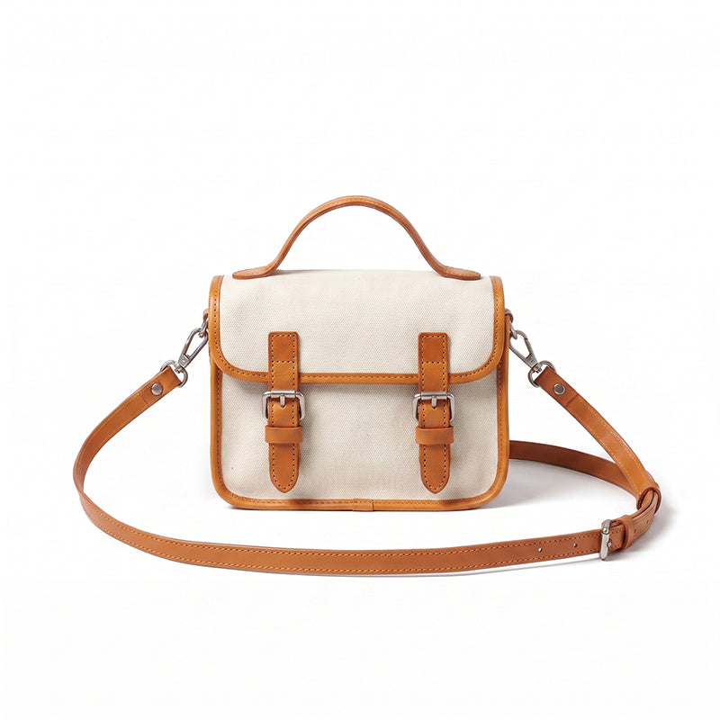 Canvas Satchel Bag Double Buckle Leather Trim Crossbody Handbag