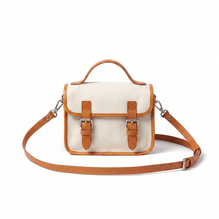 Canvas Satchel Bag Double Buckle Leather Trim Crossbody Handbag