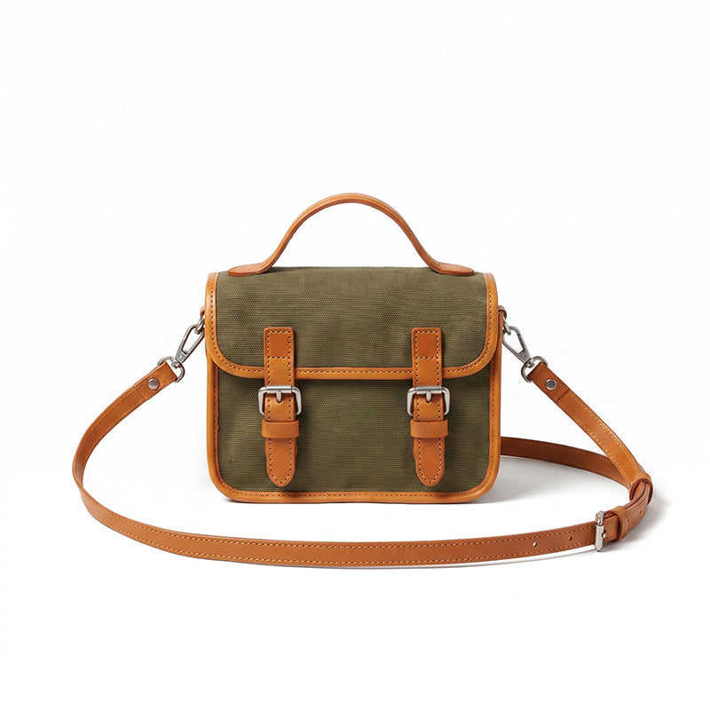 Canvas Satchel Bag Double Buckle Leather Trim Crossbody Handbag