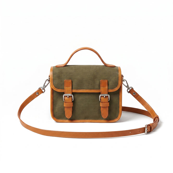 Canvas Satchel Bag Double Buckle Leather Trim Crossbody Handbag