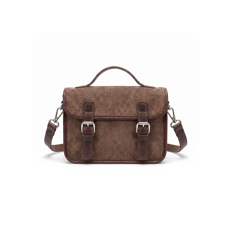 Canvas Satchel Bag Double Buckle Leather Trim Crossbody Handbag