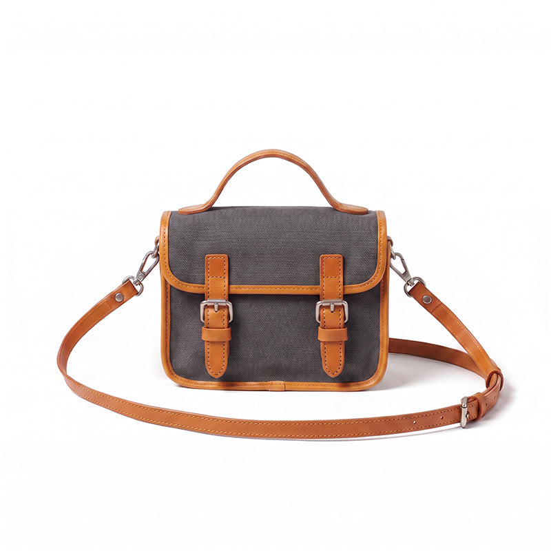 Canvas Satchel Bag Double Buckle Leather Trim Crossbody Handbag