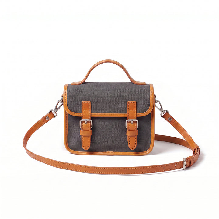 Canvas Satchel Bag Double Buckle Leather Trim Crossbody Handbag