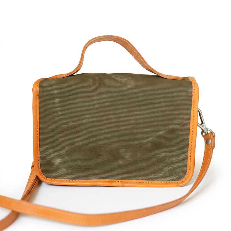 Canvas Satchel Bag Double Buckle Leather Trim Crossbody Handbag