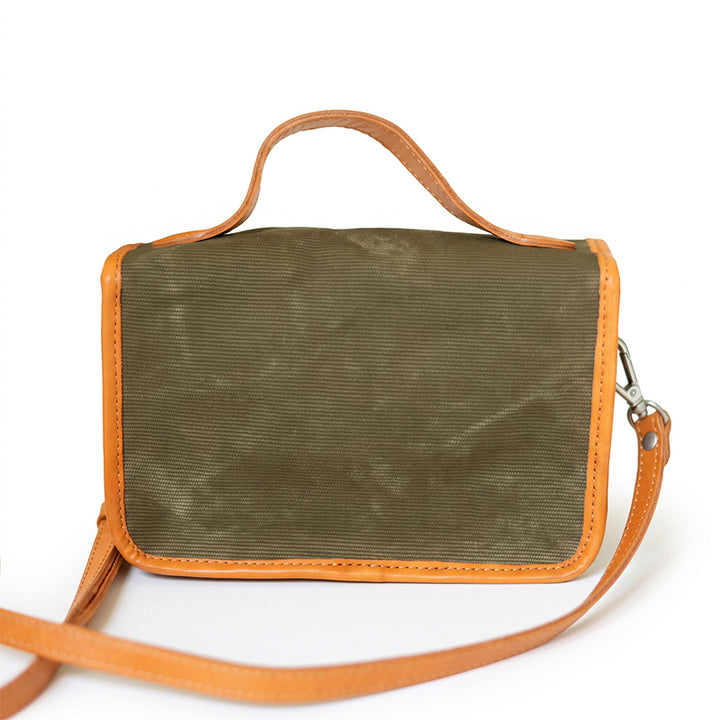 Canvas Satchel Bag Double Buckle Leather Trim Crossbody Handbag