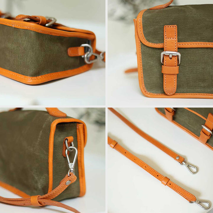 Canvas Satchel Bag Double Buckle Leather Trim Crossbody Handbag