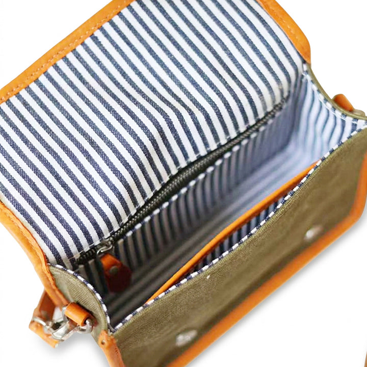 Canvas Satchel Bag Double Buckle Leather Trim Crossbody Handbag