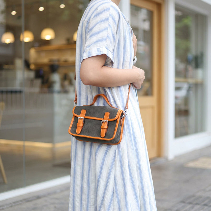 Canvas Satchel Bag Double Buckle Leather Trim Crossbody Handbag