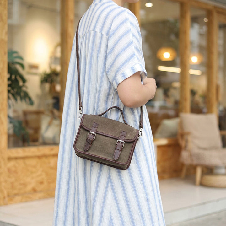 Canvas Satchel Bag Double Buckle Leather Trim Crossbody Handbag