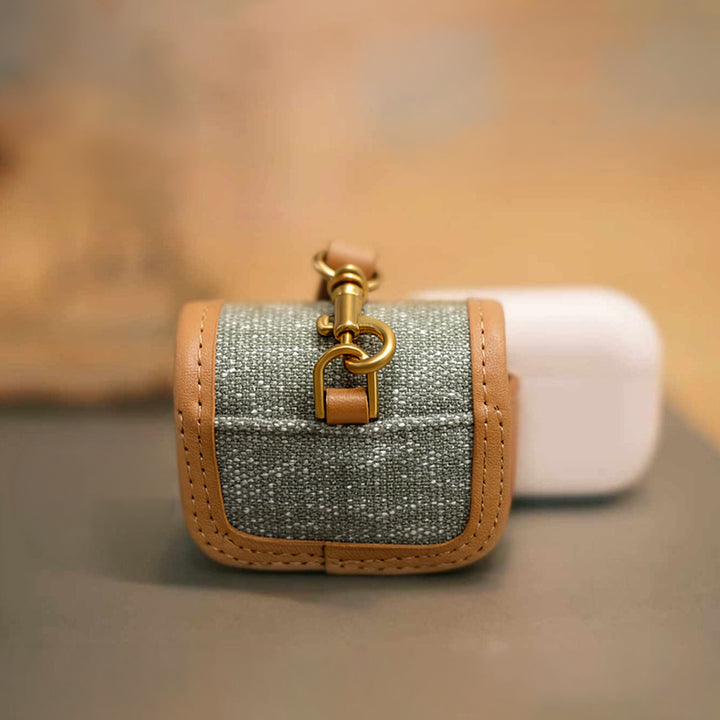 Earbud Case Canvas Vegetable Tanned Leather Vintage with Brass Clip