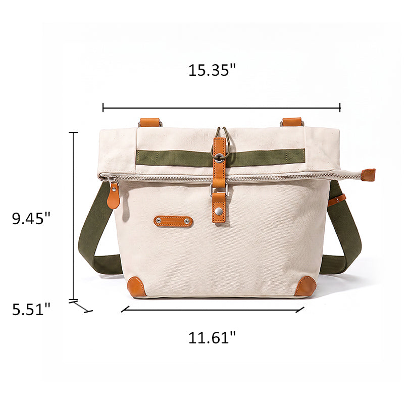 Canvas Messenger Bag with Leather Trim Foldover Crossbody Workwear Bag