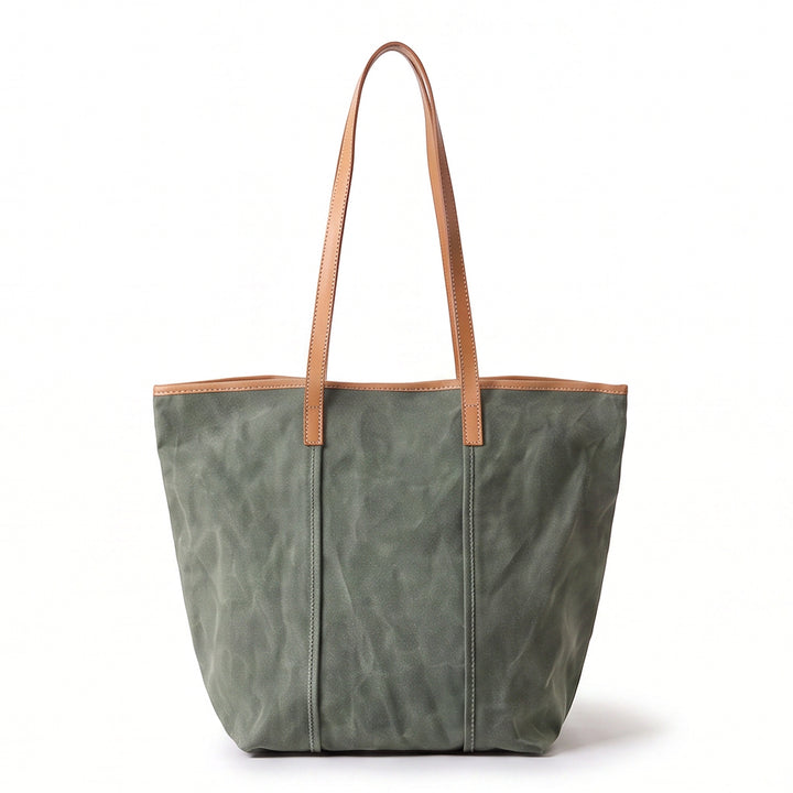 Canvas Tote Bag with Vegetable Tanned Leather Trim &amp; Front Zip Pocket