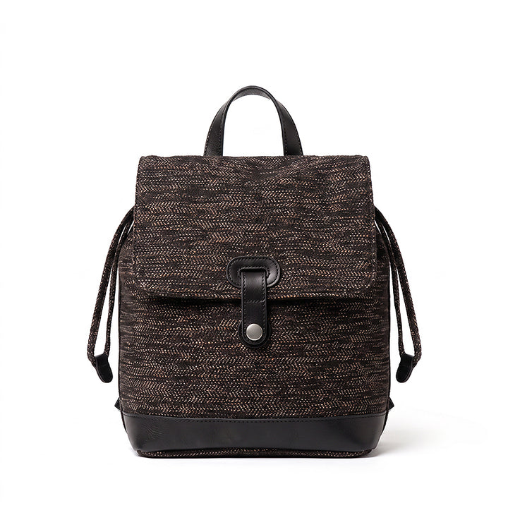 Canvas Backpack with Leather Trim Flap &amp; Drawstring Closure
