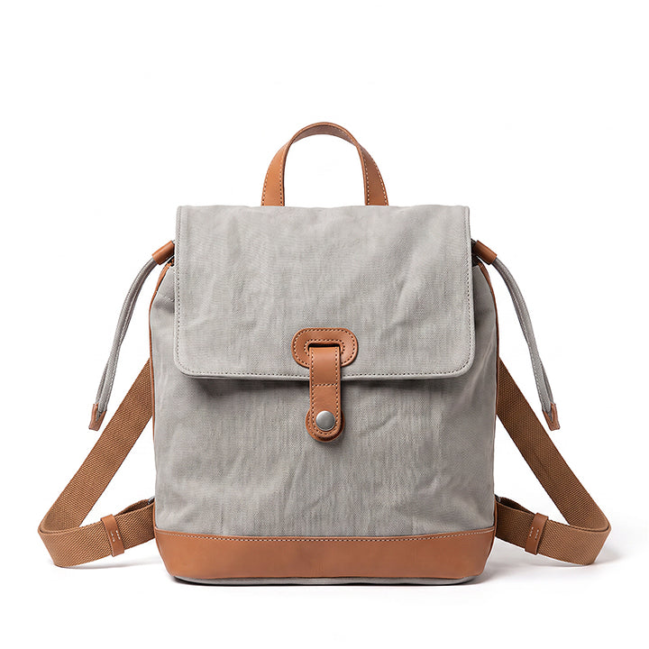 Canvas Backpack with Leather Trim Flap &amp; Drawstring Closure