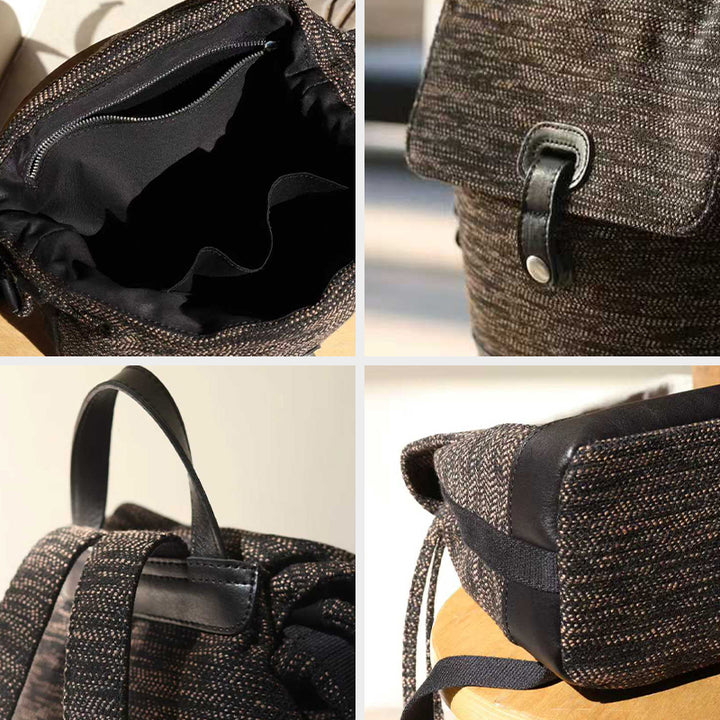 Canvas Backpack with Leather Trim Flap &amp; Drawstring Closure