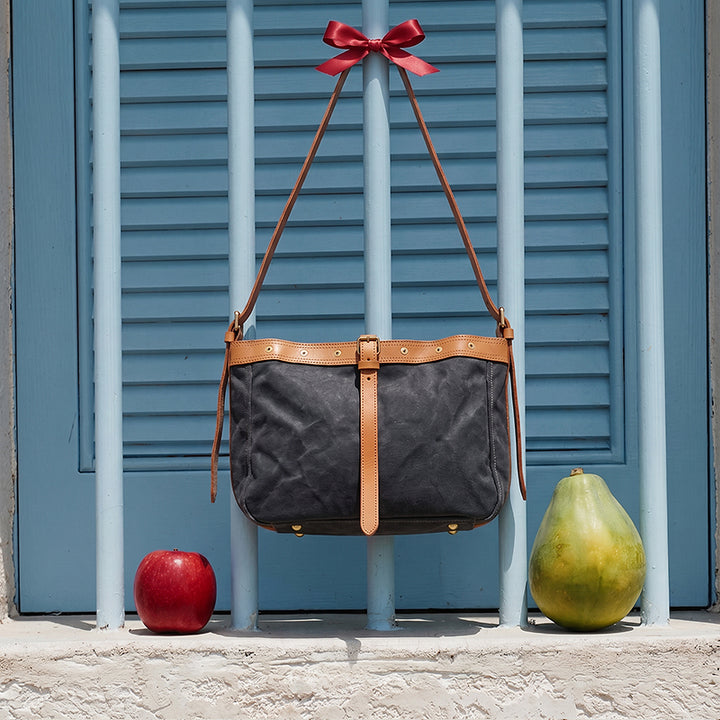 Canvas &amp; Leather Messenger Bag with Buckle Strap for Daily Carry