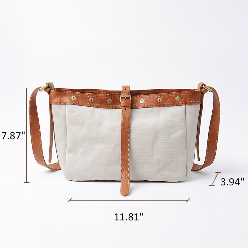 Canvas &amp; Leather Messenger Bag with Buckle Strap for Daily Carry