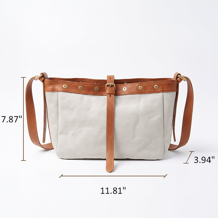 Canvas &amp; Leather Messenger Bag with Buckle Strap for Daily Carry