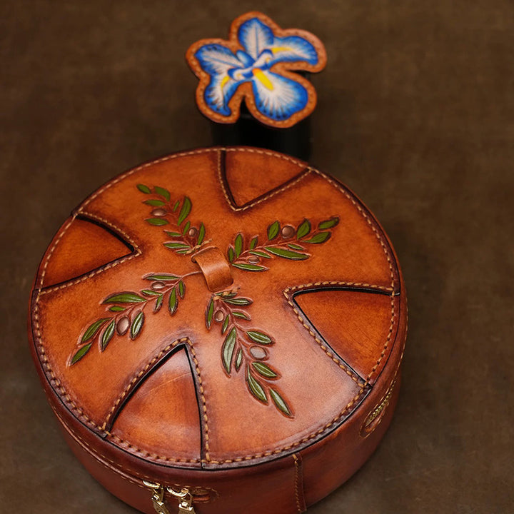 Round Leather Bag Hand-Carved Iris Vegetable Tanned Crossbody
