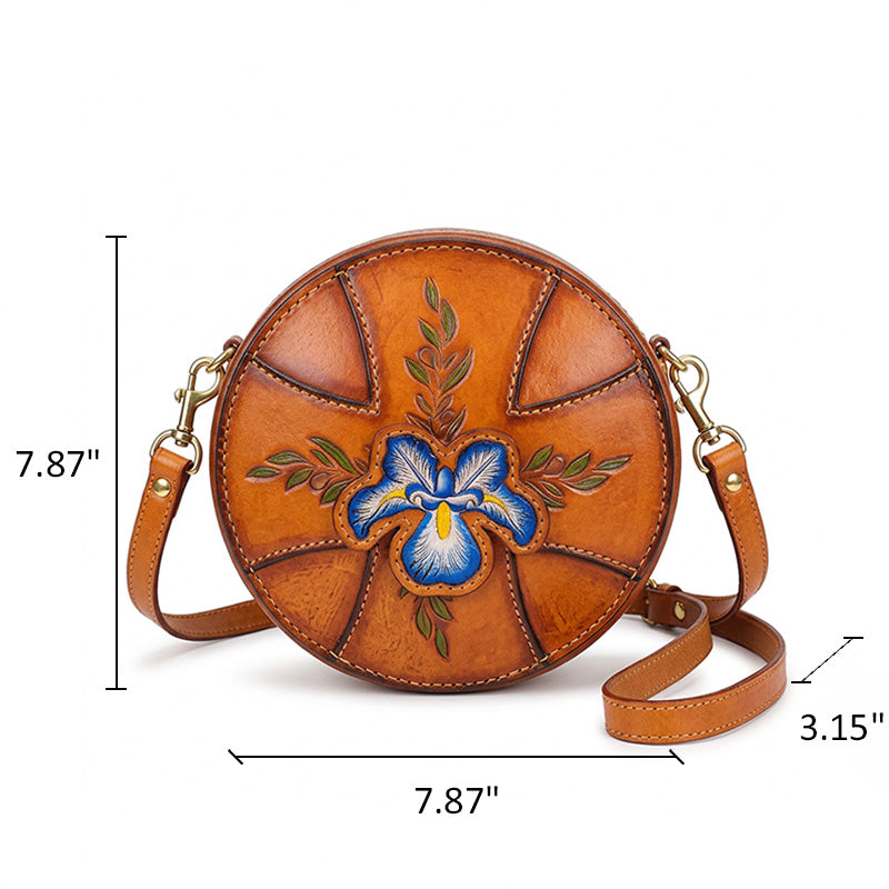 Round Leather Bag Hand-Carved Iris Vegetable Tanned Crossbody