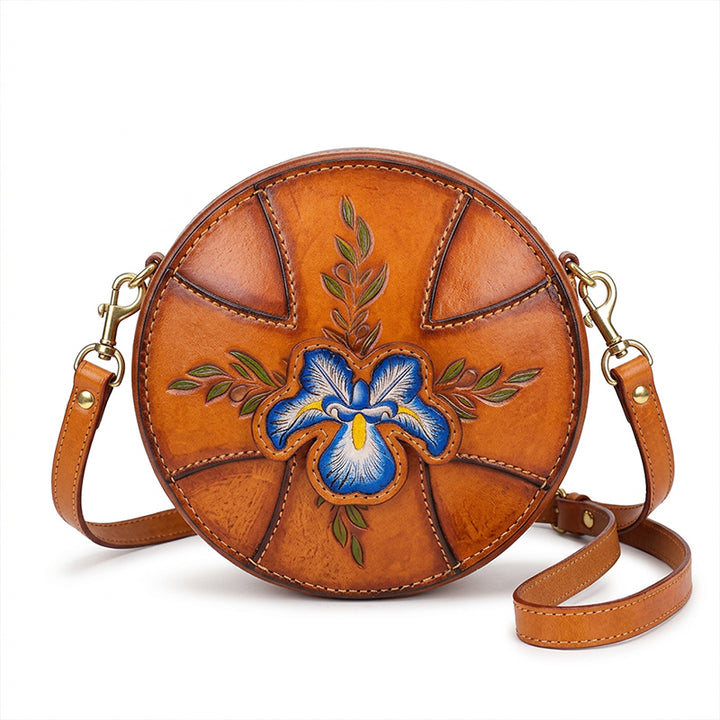 Round Leather Bag Hand-Carved Iris Vegetable Tanned Crossbody