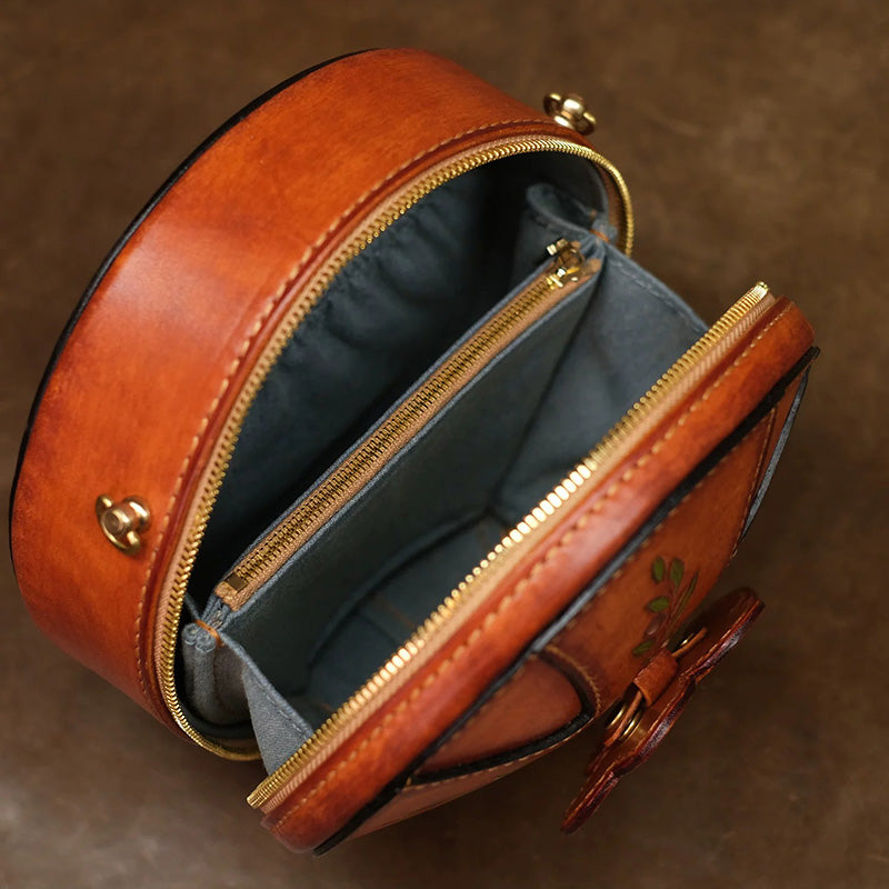 Round Leather Bag Hand-Carved Iris Vegetable Tanned Crossbody