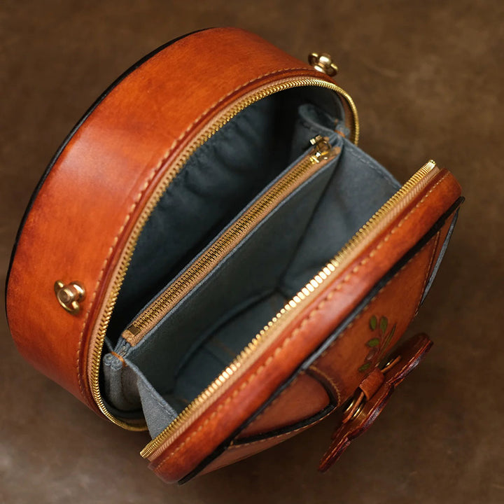 Round Leather Bag Hand-Carved Iris Vegetable Tanned Crossbody