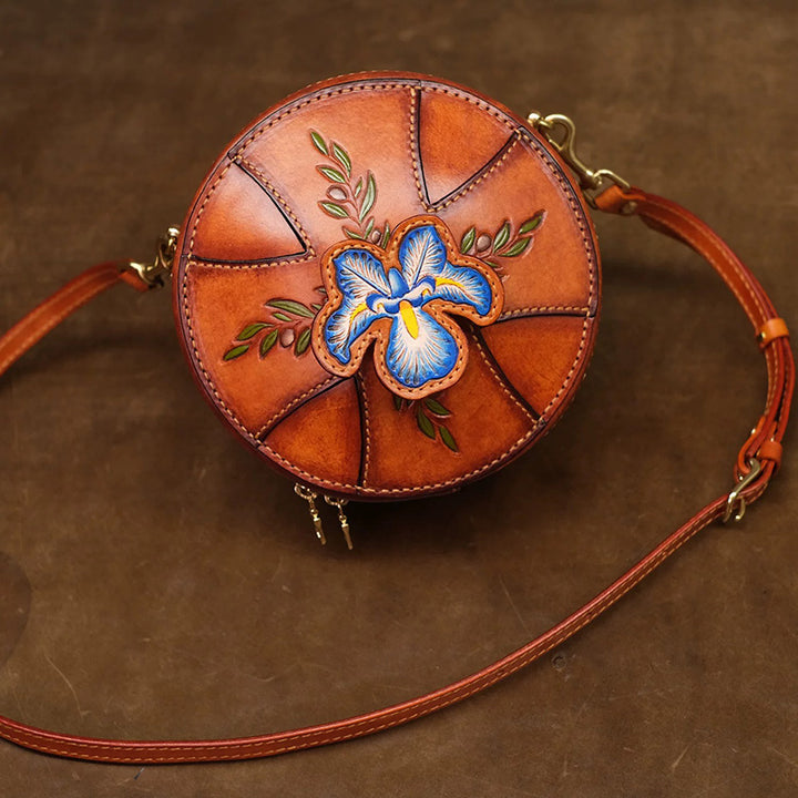 Round Leather Bag Hand-Carved Iris Vegetable Tanned Crossbody