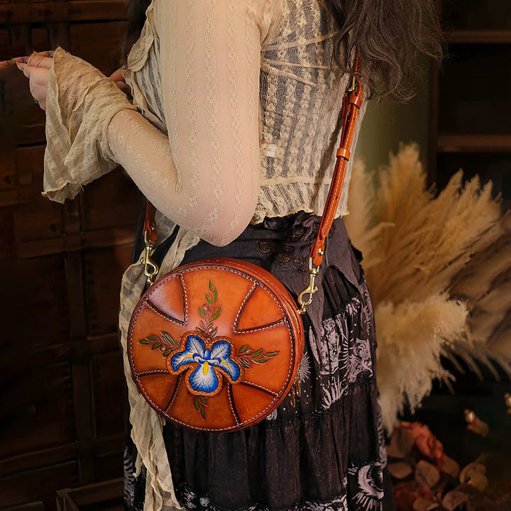 Round Leather Bag Hand-Carved Iris Vegetable Tanned Crossbody