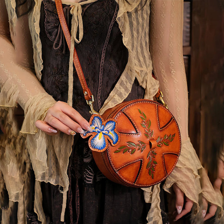Round Leather Bag Hand-Carved Iris Vegetable Tanned Crossbody
