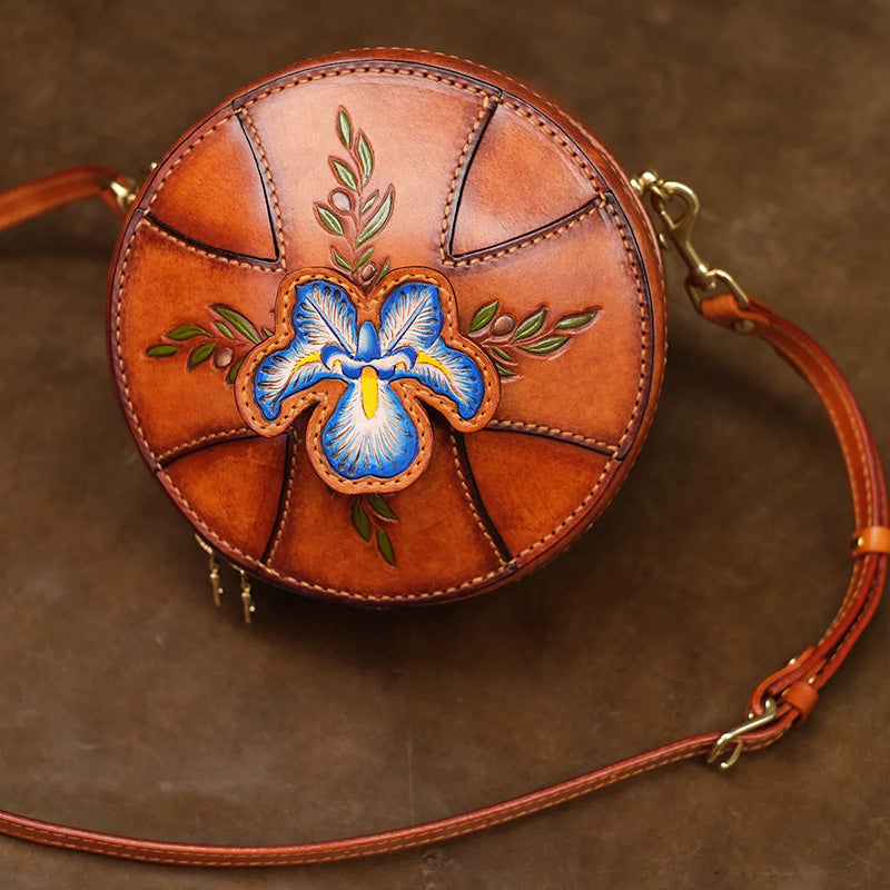 Round Leather Bag Hand-Carved Iris Vegetable Tanned Crossbody