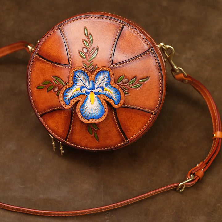 Round Leather Bag Hand-Carved Iris Vegetable Tanned Crossbody