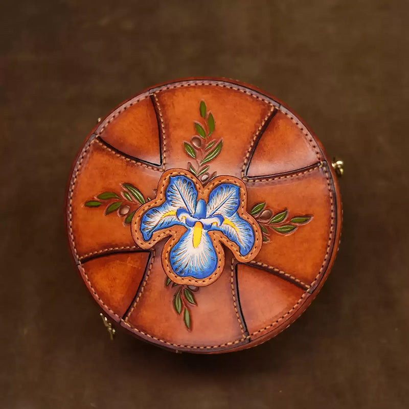 Round Leather Bag Hand-Carved Iris Vegetable Tanned Crossbody