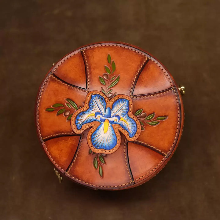 Round Leather Bag Hand-Carved Iris Vegetable Tanned Crossbody