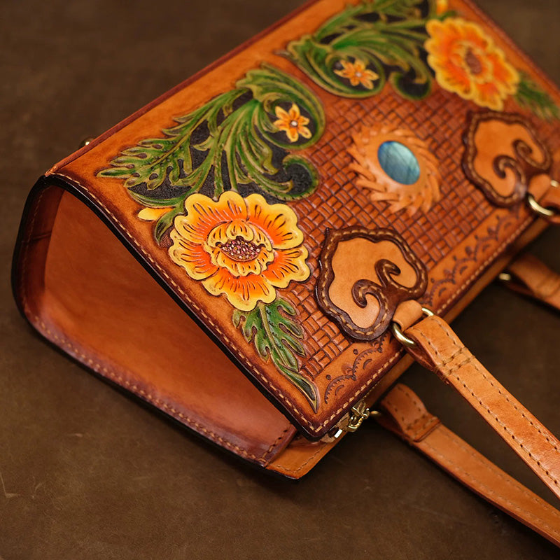 Box Bag Hand-Carved Vegetable Tanned Leather Floral Handbag