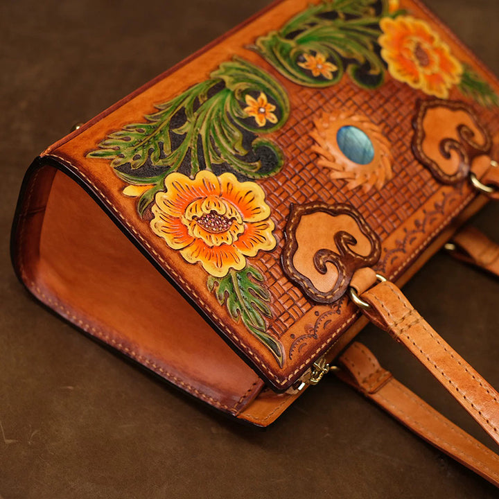 Box Bag Hand-Carved Vegetable Tanned Leather Floral Handbag