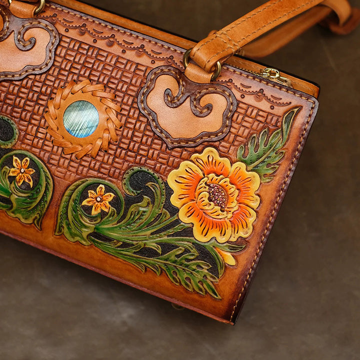 Box Bag Hand-Carved Vegetable Tanned Leather Floral Handbag