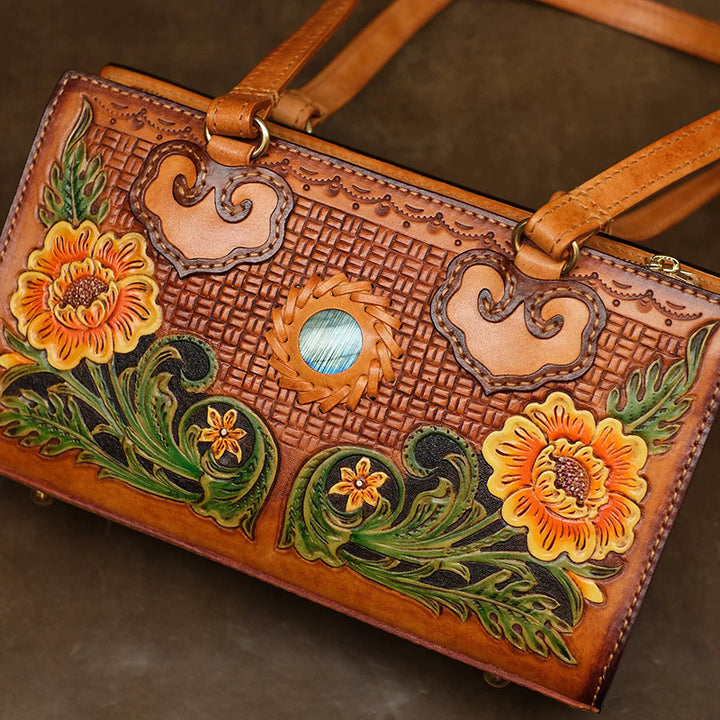 Box Bag Hand-Carved Vegetable Tanned Leather Floral Handbag
