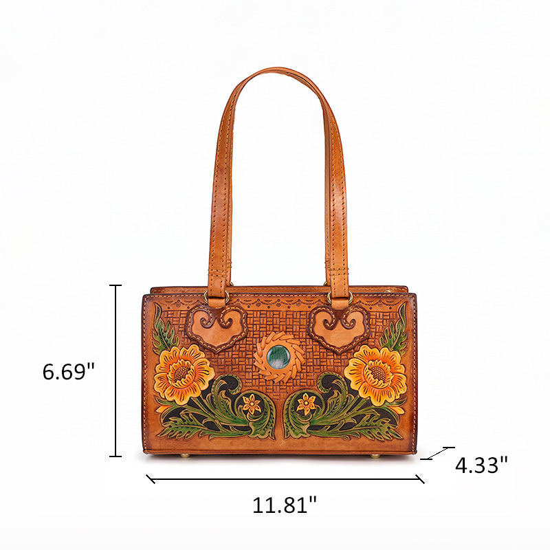 Box Bag Hand-Carved Vegetable Tanned Leather Floral Handbag