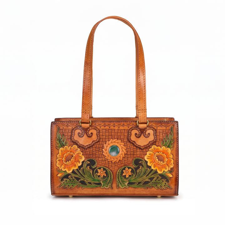 Box Bag Hand-Carved Vegetable Tanned Leather Floral Handbag