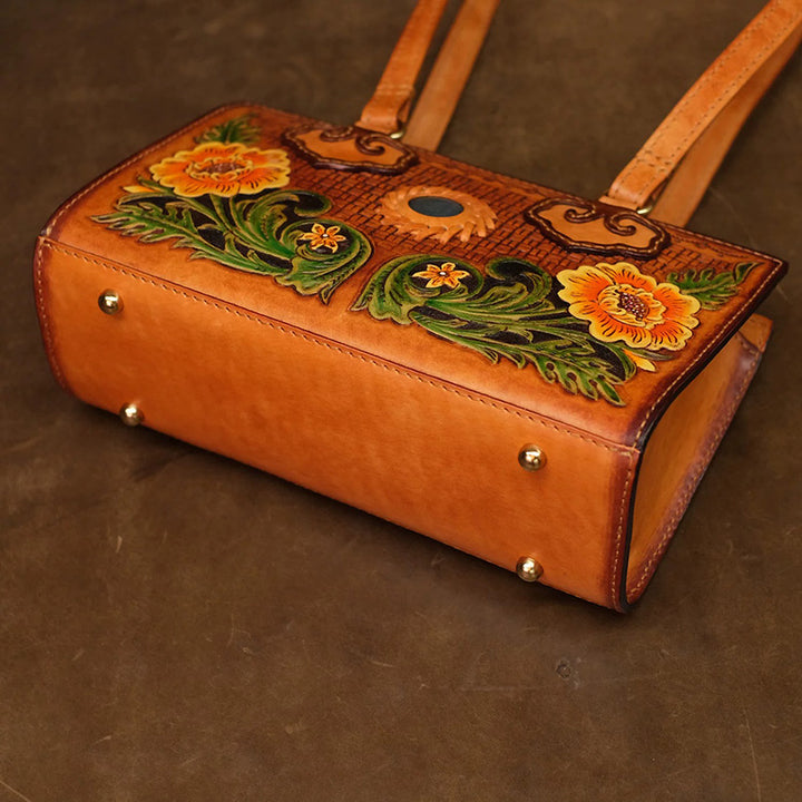 Box Bag Hand-Carved Vegetable Tanned Leather Floral Handbag