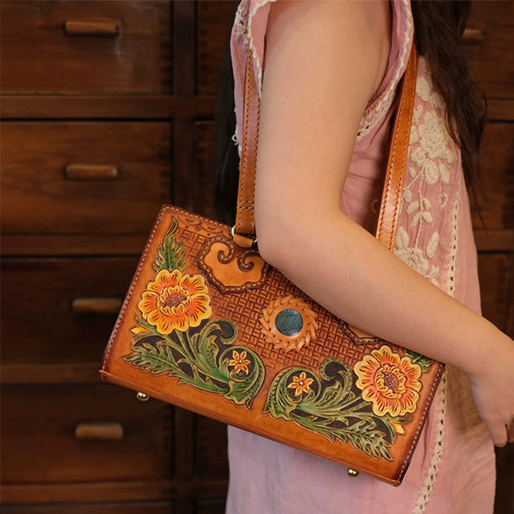 Box Bag Hand-Carved Vegetable Tanned Leather Floral Handbag