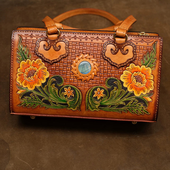 Box Bag Hand-Carved Vegetable Tanned Leather Floral Handbag