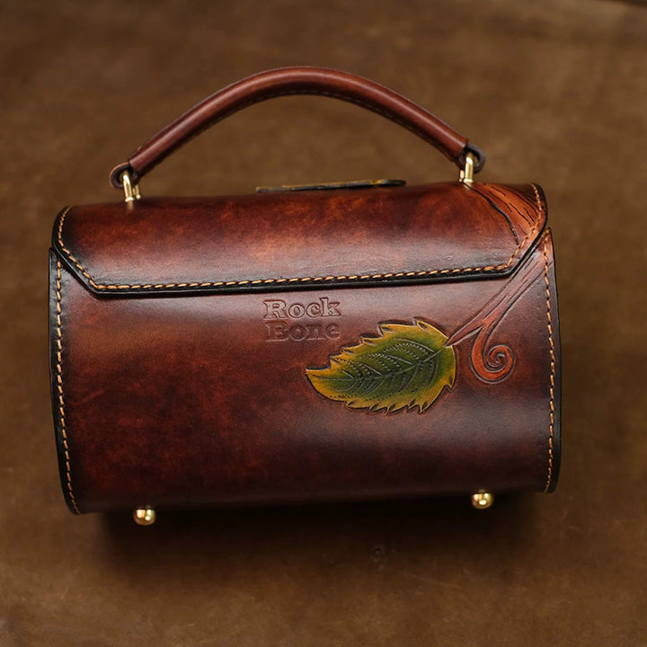Barrel Bag Vegetable-Tanned Leather with Hand-Carved Leaf &amp; Bee Artwork
