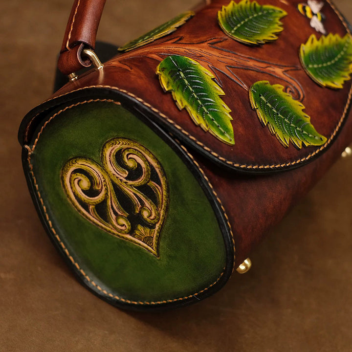 Barrel Bag Vegetable-Tanned Leather with Hand-Carved Leaf &amp; Bee Artwork