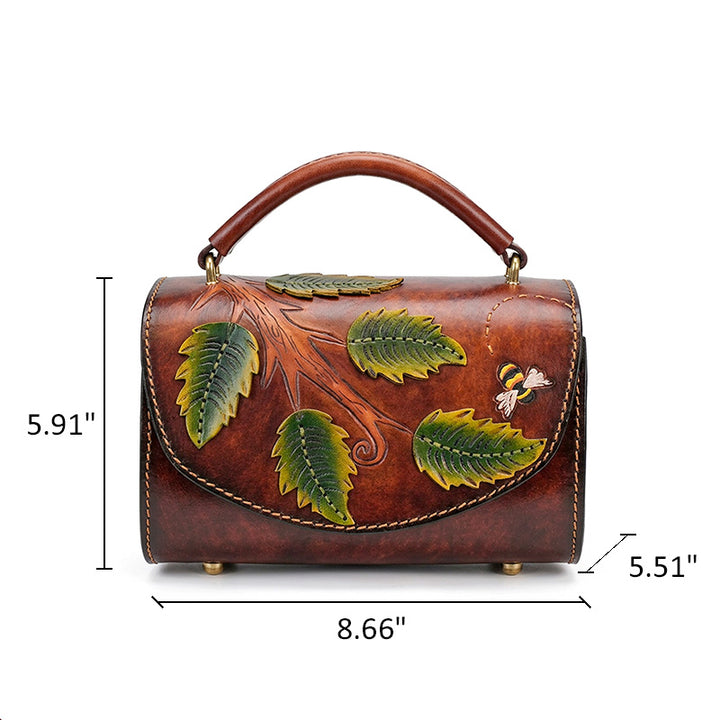 Barrel Bag Vegetable-Tanned Leather with Hand-Carved Leaf &amp; Bee Artwork