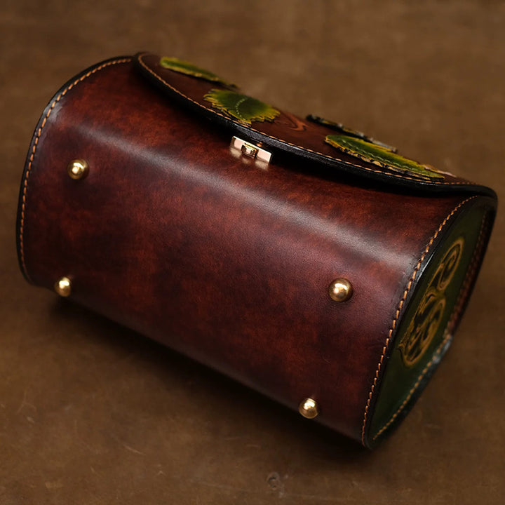 Barrel Bag Vegetable-Tanned Leather with Hand-Carved Leaf &amp; Bee Artwork