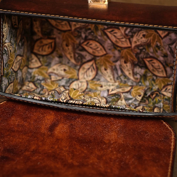 Barrel Bag Vegetable-Tanned Leather with Hand-Carved Leaf &amp; Bee Artwork