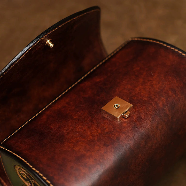 Barrel Bag Vegetable-Tanned Leather with Hand-Carved Leaf &amp; Bee Artwork