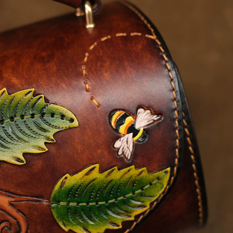 Barrel Bag Vegetable-Tanned Leather with Hand-Carved Leaf &amp; Bee Artwork